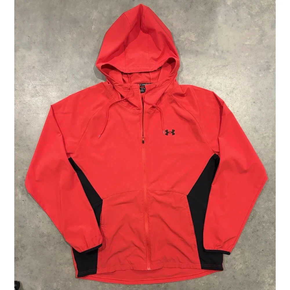 Under Armour Hooded Windbreaker Jacket Men's XL Loose Red Black Full Zip